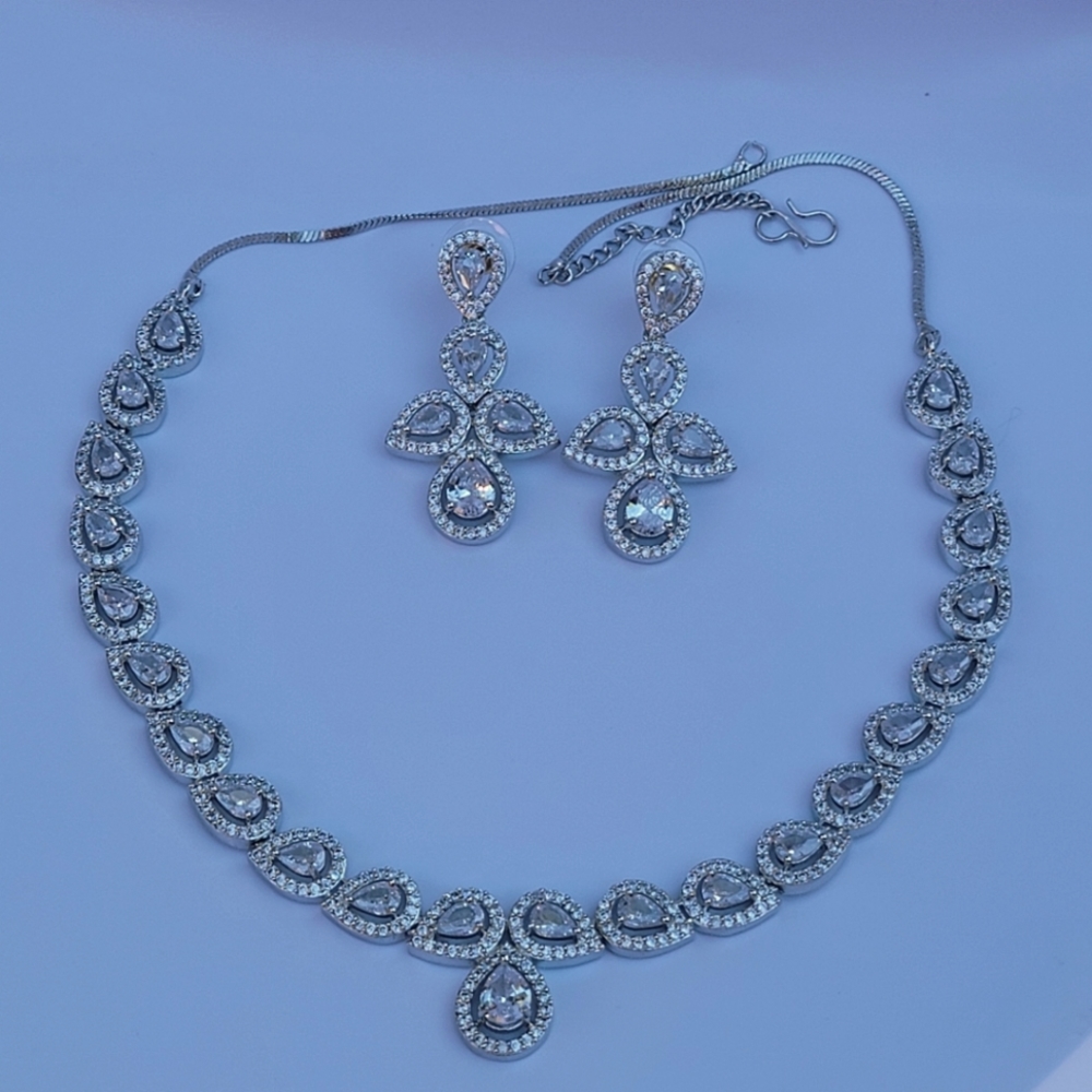 Cubic zirconia silver Statement Necklace| AD Simple Necklace with Earrings|